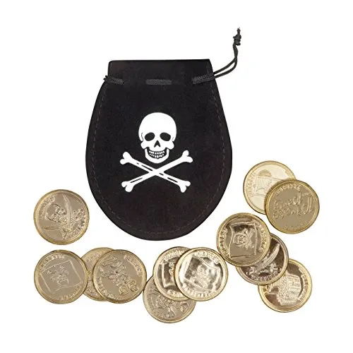 Boland 74300 - Piraten-Beutel mit 12 Goldmünzen, Größe ca. 10 cm, Schwarz, mit Kordelzug, Pirat, Mittelalter, Edelmann, Karneval, Halloween, Mottoparty