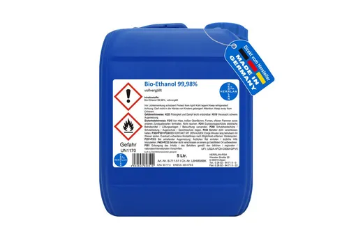 HERRLAN Bioethanol Kamin-Ethanol 5 l - 99,98% Alkohol-Gehalt - Aschesauger - Hochwertiges Bio-Ethanol für Dekofeuer, sorgt für geruchsneutrale Verbrennung und ein beeindruckendes Flammenbild, HERRLAN-Qualität, Made in Germany.