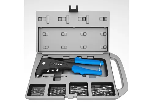 S&R Nietzangen-Set für Aluminium, Stahl & Edelstahl - Vielseitiges Nietzangen-Set mit 60 Nieten in verschiedenen Größen, ergonomischer Einhand-Blindnietzange und robustem Koffer für einfache Handhabung und Transport.
