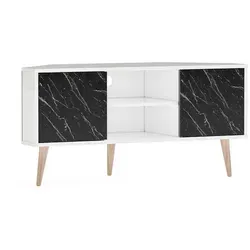 Decorotika Lesson TV Möbel | Weiß & Bendir - TV-Ständer für Fernseher bis 55'', mit praktischem Kabelmanagement und zeitlosem Design. Stabil durch massive Holzbeine, einfach zu montieren mit nummerierten Teilen.