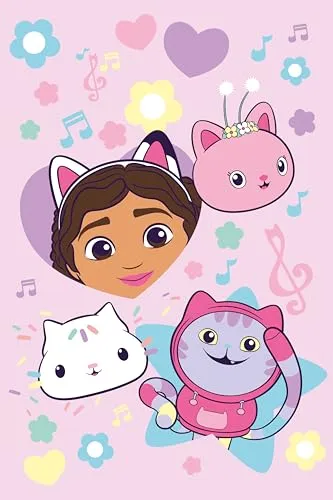 Jerry Fabrics Gabby's Dollhouse Fleecedecke 'Musik' Design, 100 x 150 cm, weiches Polyester, Überwurf mit Gabby & Pandy Pfoten, super gemütlich für Kinder