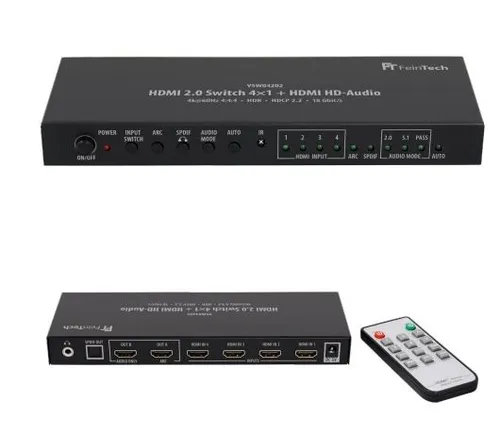 FeinTech VSW04202 HDMI 2.0 Switch 4x1 - Video Umschaltpulte, verbindet bis zu 4 HDMI-Quellen mit automatischer Umschaltung und HD-Audio-Extractor für beeindruckenden Dolby Atmos/Sound.