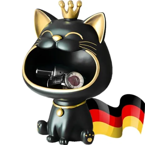 BLOOOK Lachende Katze Figuren Statue,Maneki Neko Fortune Cat Skulptur,Kawaii Deko Katzen Geschenk,Schlüssel Schale,Schmuck Tablett,Modern Deko für Wohnzimmer Home Flur Möbel (Schwarz)