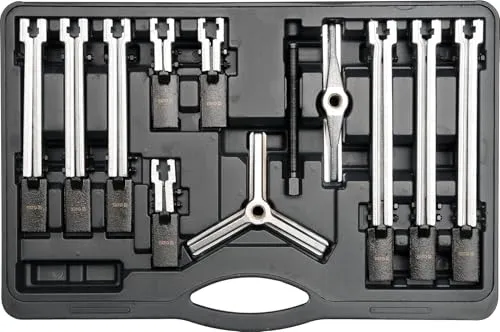 YATO 2/3 Arm Universal Innen Abzieher Set 12tlg - Vielseitiges Abzieher-Set für Motorräder, ideal zum Abziehen von Lagern und Riemenscheiben. Enthält 12 Teile für individuelle Anpassungen, gefertigt aus geschmiedetem Kohlenstoffstahl für hohe Langlebigkeit.