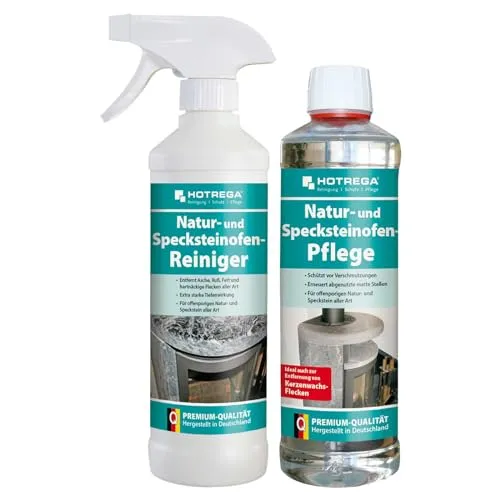 HOTREGA Specksteinofen & Natursteinofen Reiniger & Pflege - 2-teiliges Reinigungs-Set für Natur- und Specksteinöfen. Entfernt mühelos hartnäckige Verschmutzungen und schützt die Oberflächen effektiv.