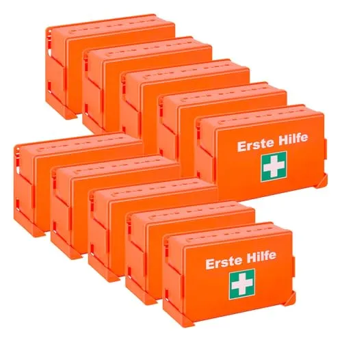 ERSTEHILFESHOP BIGPACK 10x Erste-Hilfe-Verbandkasten, Wandhalter, orange, Kunststoff, DIN 13157, Art.-Nr. 608876 | Verbandskasten | Notfallkoffer | Erste Hilfe Kasten