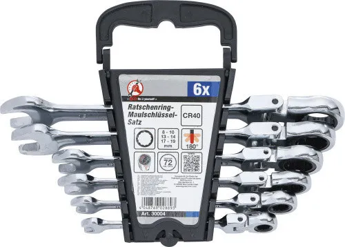 BGS Ratschenring-Maulschlüssel-Satz 6-tlg. | flexible Köpfe - Werkzeug-Set mit 72-Zähnen-Ratschenfunktion und 180° kippbaren Köpfen für optimale Flexibilität und Zugriff in engen Bereichen.