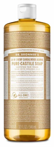 DR. BRONNER'S 18-IN-1 NATURSEIFE Sandelholz-Jasmin 945 ml - Flüssigseife mit 18 Anwendungen: ideal für Körper, Haare, Zähne und mehr. Die natürliche Formel sorgt für sanfte Reinigung ohne synthetische Zusätze - perfekt für unterwegs!