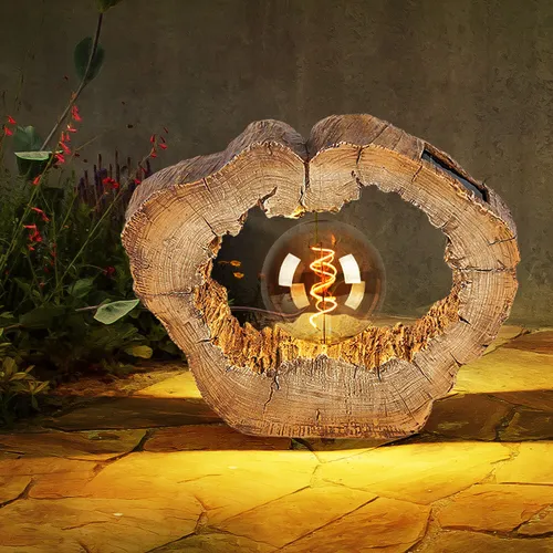 Solarlampe Outdoor Garten - Baumscheibe Holzoptik - Lampen für den Außenbereich, stilvolle Solarleuchte in Holzoptik mit warmweißem LED Licht, ideal zur Verschönerung Ihres Gartens.
