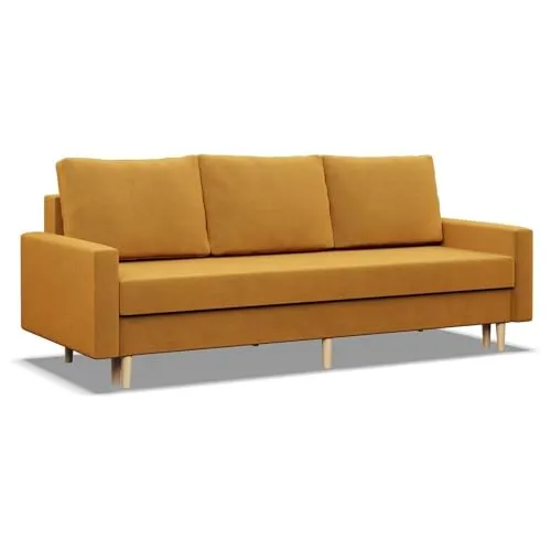 Mebligo - Sofa Mit Schlaffunktion und Bettkasten Blank, 3 Sitzer 212 cm Breit, Schlafsofa Mit Bonellfederkern im Sitz, Ausziehbares Couch auf Holzfüßen, Wohnzimmer - Gelb