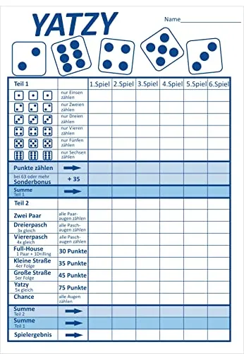 50er Spielblock für Yatzy Würfelspiel
