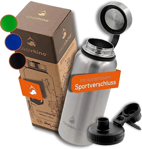 coolrhino Isolierflasche rhinoTherm Edelstahl Trinkflasche 530 ml / 950 ml - Isolierflasche aus Edelstahl, BPA-frei, hält Getränke 24h heiß oder kalt, ideal für Sport und Outdoor-Aktivitäten.