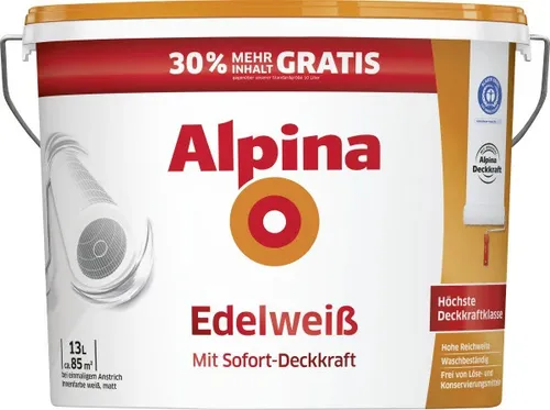 Alpina Wandfarbe Edelweiß 13 L - Hochwertige Wandfarbe für ein strahlend weißes Finish, ideal für jeden Raum und sorgt für eine frische Atmosphäre.