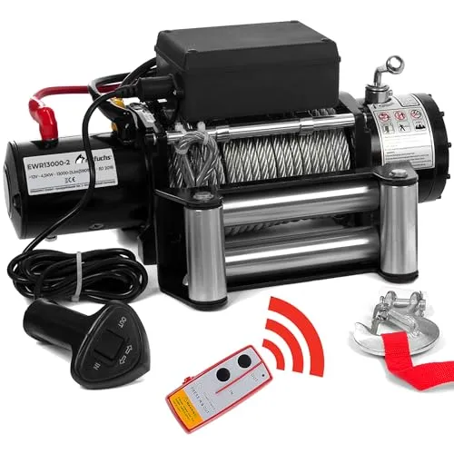 Rotfuchs 12V Seilwinde mit Funkfernbedienung - Seilwinde mit 5909 kg Zugkraft und 6 PS Leistung, ideal für Bergungen und schwere Lasten, Farbe: Schwarz, praktische Funkfernbedienung für einfache Handhabung.