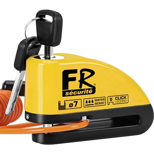 FR SECURITE FR7Y Bremsscheibenschloss, Motorrad Schloss Alarm 110db, Hochsicherheits Motorradschloss mit 1.5m Rückrufkabel und Schlosstasche, Alarmanlage für Moto, Moped, Fahrrad, Scooter