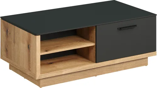 trendteam smart living Synnax Couchtisch - Anthrazit/Evoke Eiche - Beistelltisch fürs Wohnzimmer mit zeitlosem Design, 4 offenen Fächern und 2 Soft-Close Klappen für praktischen Stauraum. FSC-zertifiziert und ideal für stilvolle Wohnräume.