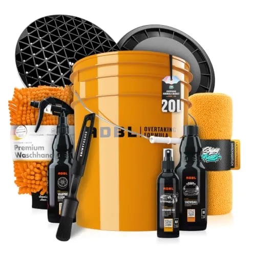 ADBL Wascheimer 20L Autopflege Set mit Shampoo Felgenreiniger Ceramic QD Waschhandschuh Pinsel und Tuch | Fahrzeugwäsche | 10-teilig