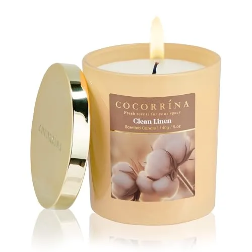 COCORRÍNA Duftkerze aus Sojawachs im Glas 140g, Clean Linen, 31 Stunden Brenndauer, Baumwoll-Docht, natürliche Aromakerze als Geschenk für Frauen & Männer, ideal für Weihnachten, Geburtstag