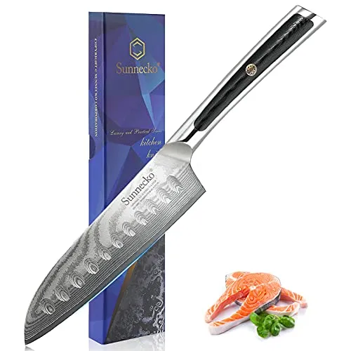 Sunnecko 13cm Santoku Messer Damaststahl, Küchenmesser Damastmesser klein Scharfes Kochmesser mit Damast Klinge G10 Griff Messer Scharf