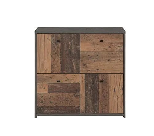 FORTE Best Chest Kommode mit 4 Türen - Moderne Kommode im Old-Wood Vintage Design kombiniert mit Betonoptik, ideal für stilvolle Aufbewahrung und bis zu 20 kg belastbar.