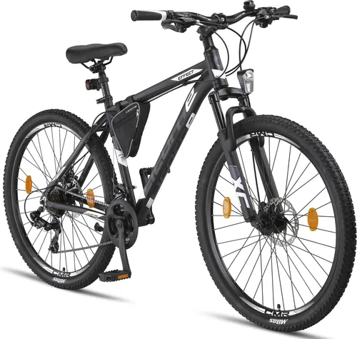 Licorne Bike Mountainbike Effect Premium - 26, 27,5 und 29 Zoll - Fahrrad mit robustem Schwarz/Weiß-Rahmen und 2xDisc-Bremse, ideal für Abenteuer auf und abseits der Straße, maximal 95 kg belastbar.