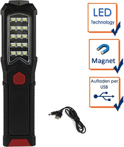 REV LED Akku Handlampe Torch 3,7W 400lm schwarz - Kompakte LED Arbeitsleuchte mit Taschenlampenfunktion und 400 Lumen. Mit USB-Ladefunktion, neigbarem Standfuß, Haken und Magnet für vielseitigen Einsatz bei Arbeiten, Camping oder im Notfall.