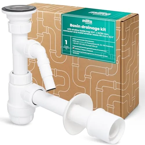 Millto Siphon für Waschtisch 5/4'' 32/50 mm Ablaufgarnitur Waschbecken Flaschensiphon Flach Geruchsverschluss Wasseranschluss Abflusssieb Kunststoff Ablaufventil Metallsieb