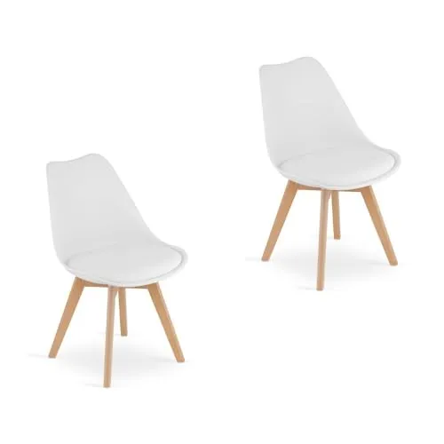 Home Collective 2er Set Esszimmerstuhl Stuhl Wohnzimmerstuhl 2X Weiss mit Vollholzbeinen in Natur, bequemer & Stabiler Schalenstuhl
