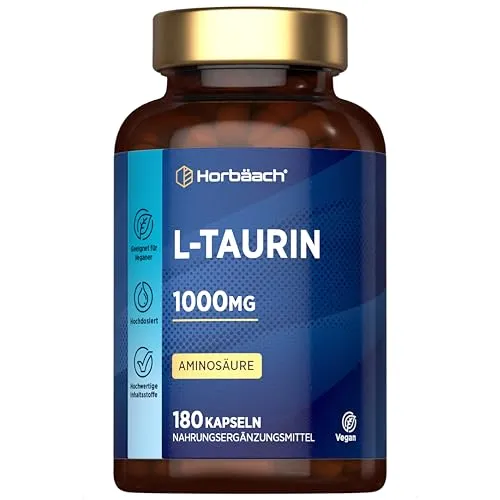 Taurin Kapseln 1000mg pro Tag | 180 Aminosäure Stück | für 3 Monate | L-Taurine Amino Acid Capsules | Alternative zu Pulver oder Tabletten | Hochdosiert | von Horbaach