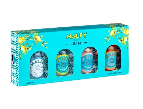 Malfy Gin Mini Tasting Set, Italian Gin Probierset mit Originale, Rosa, con Arancia & con Limone, Geschenk-Box mit vier Miniatur-Flaschen, 4 x 50ml