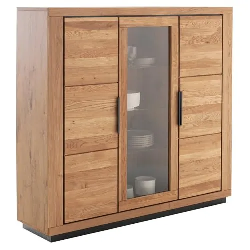 Lomadox Highboard Vitrinenschrank in Eiche teilmassiv, Fronten Massivholz/Echtholz