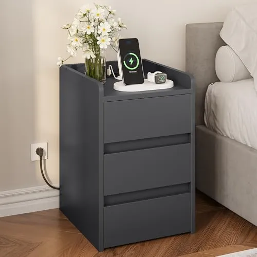 YITAHOME Nachttisch mit 3 Schubladen und Netzteil 2 USB-Anschlüssen Grau