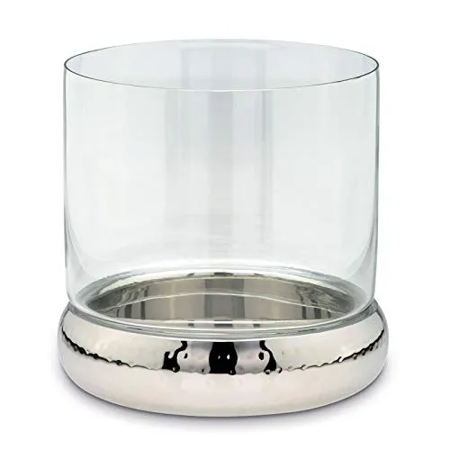 Glas-Windlicht Edelstahl gehämmert Ø 24 cm - großes rundes Tisch-Deko Windglas-24 cm - silberner Kerzenhalter & Kerzenständer für große Stumpenkerzen oder Teelichter zum hinstellen