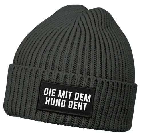 MoonWorks Strickmütze Damen Beanie mit Patch Strickmütze mit Spruch Die mit dem Hund geht