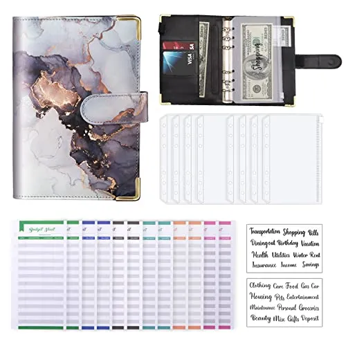 Budget Binder, A6 Marmor PU Leder Binder, Geld Organizer Budget Planer mit 8 Reißverschluss Cash Umschläge, 12 Ausgaben Budget Blätter für 2 Brief Label Aufkleber