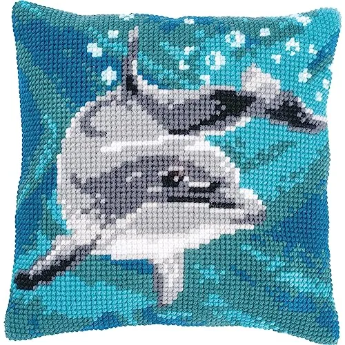 Vervaco Kreuzstich Kissen Set Delphin - Zählbare Kreuzstich-Sets für Anfänger und Profis mit hochwertigem Material und detaillierter Anleitung. Gestalten Sie Ihr eigenes dekoratives Kissen in lebendigen Farben!