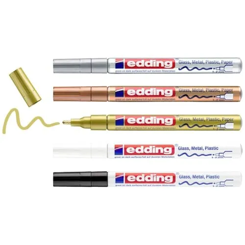 edding 751 Glanzlackmarker - schwarz, weiß, gold, silber, kupfer - 5er Set Lackmarker - Rundspitze 1-2 mm - Lackstift für Glas, Stein, Holz, Kunststoff und Papier - wasserfest, stark deckend