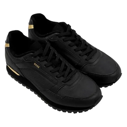 BOSS Parkour-L_Runn Sneaker - Sportlicher Freizeitschuh mit Schnürung und goldfarbenen Kontrastdetails an der Ferse, ideal für stilvolle Auftritte im Alltag. Größe 46 EU, gepolsterte und herausnehmbare Innensohle für hohen Tragekomfort.