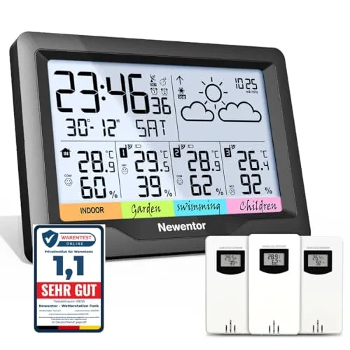 Newentor Wetterstation Funk mit 3 Außensensoren - Multifunktionale Wetterstation mit DCF-Funkuhr, die bis zu 3 Außensensoren unterstützt. Erhalten Sie präzise Wetterdaten von verschiedenen Orten und genießen Sie praktische Fernübertragung bis 60m.
