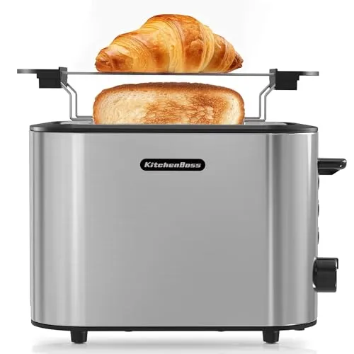 KitchenBoss Toaster 2 Scheiben 870W：Toaster Edelstahl mit Brötchenaufsatz und Krümelschublade, 6 Bräunungsstufen, Auftaufunktion/Reheat-Funktion/Abschaltautomatik