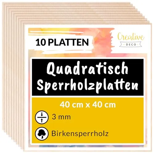 Creative Deco Bastelnaturmaterial Quadratische 3mm Sperrholzplatte 40x40 cm (10-tlg) - Basteln mit hochwertigem 3mm Sperrholz, ideal für kreative Projekte und DIY-Ideen.
