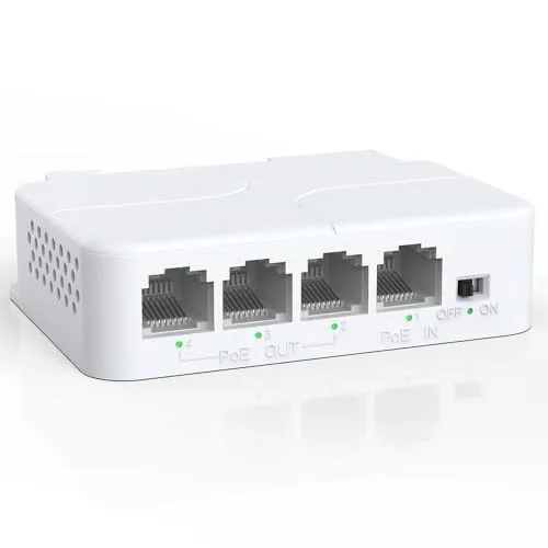 YuanLey 4 Port PoE Extender with 3 PoE Ausgängen, IEEE 802.3af/at Mini 4 Kanal Repeater 100Mbps, Wand und DIN-Schiene Montieren Passthrough POE Verstärker/Booster, Plug and Play