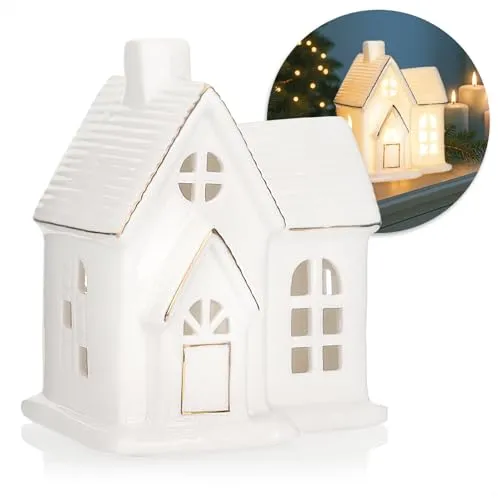 com-four® LED-Haus aus Porzellan - batteriebetriebenes Leuchthaus - weißes glänzendes Deko-Lichthäuschen für Winter und Weihnachtsdekoration (Haus - 13.5cm)