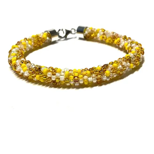 handgefertigtes Häkelarmband aus Glasperlen - Farbmix gelb - mit 925/- Sterling