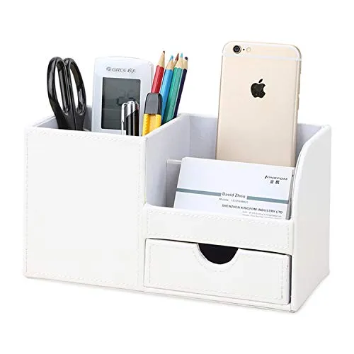 KINGFOM Büro Schreibtisch Organizer Ordnungssystem 4 Speicherabteil PU Leder Stiftebox Stifteköcher Bürobedarf (Weiß)