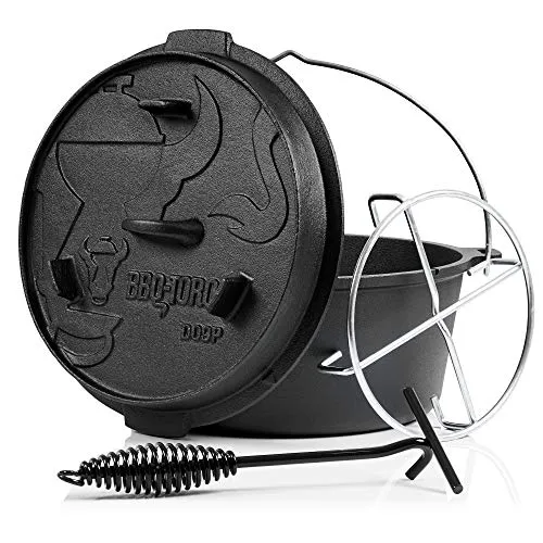 BBQ-Toro Dutch Oven Premium Serie 9,0 Liter | Gusseisen Kochtopf - Dutch Oven für vielseitiges Kochen, bereits eingebrannt und sofort einsatzbereit. Ideal für Grillplätze und Lagerfeuer, mit multifunktionalem Deckel für Grillpfanne und Temperaturkontrolle.