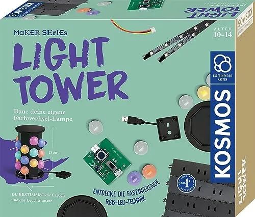 Kosmos 620943 Light Tower Experimentierkasten für Kinder ab 10 Jahren, Experimentierkasten Technik und Licht, Baue deinen eigenen Farbwechsel-Lampe, Maker Series