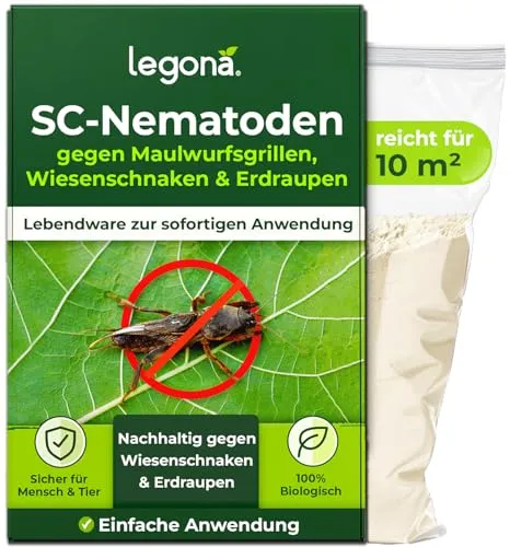 Legona SC-Nematoden zur Bekämpfung von Maulwurfsgrillen - 5 Mio. für 10m² / 25l Blumenerde/Bio Schädlingsfrei Gießmittel für Rasen und Beet