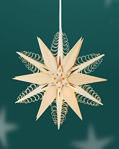 Fensterschmuck Spanstern - Doppelt El. Beleuchtet mit 2 Sternen - Weihnachtsbeleuchtung - Filigraner Fensterschmuck aus Lindenholz mit elektrischer Beleuchtung, 24 cm Durchmesser, handgefertigte Details aus dem Erzgebirge.