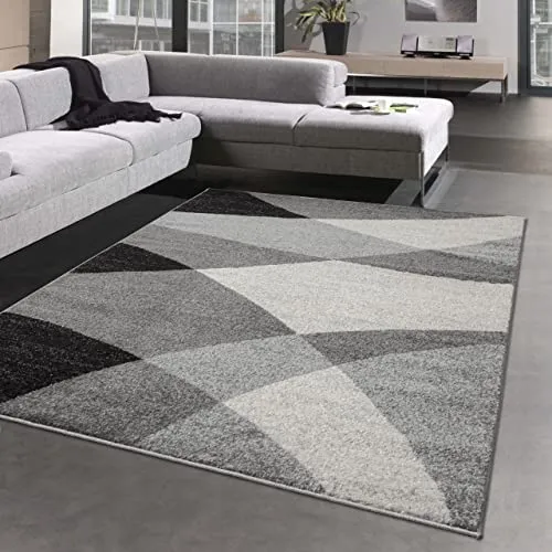 CARPETIA Modern Abstrakter Wellen-Karo Designerteppich | langlebig | in Creme anthrazit Größe 140x200 cm